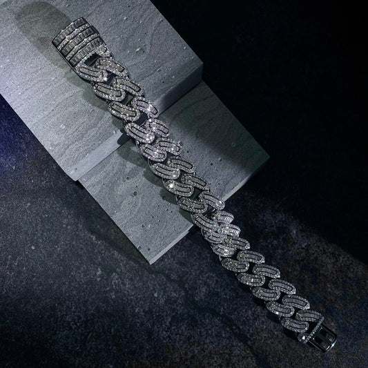 925 Silver Moissanite Baguette Cut Stone Width 18mm Cuban Bracelet (CBAD)